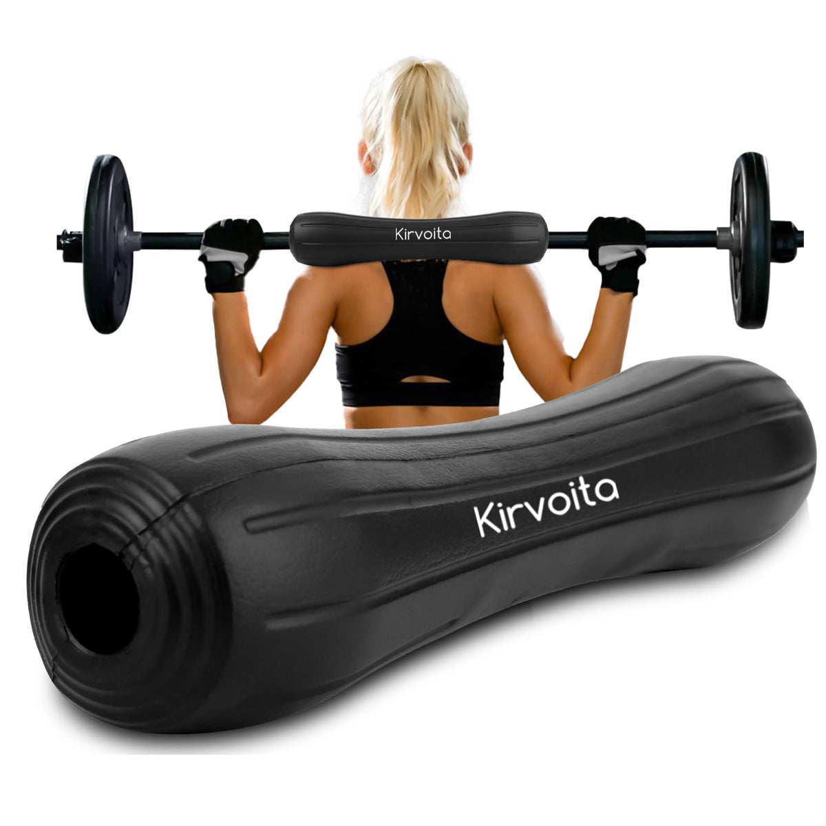 KIRVOITA Rubber Barbell Pad Squat Pad Hip Thrust Pad Easy to Install No Velcro/Straps Needed for Both Heavy Weights & Lower Weights (15.5 * 3.5 * 3.5 in Black) (Black)